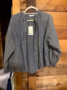 Doen Navy and White Gingham Cotton Button-Down Blouse